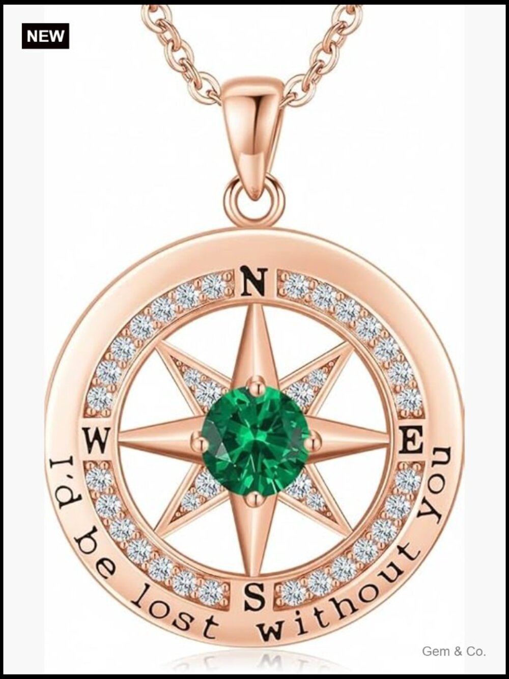 Compass Pendant Necklace 18K Rose Gold Over S925 Sterling Silver